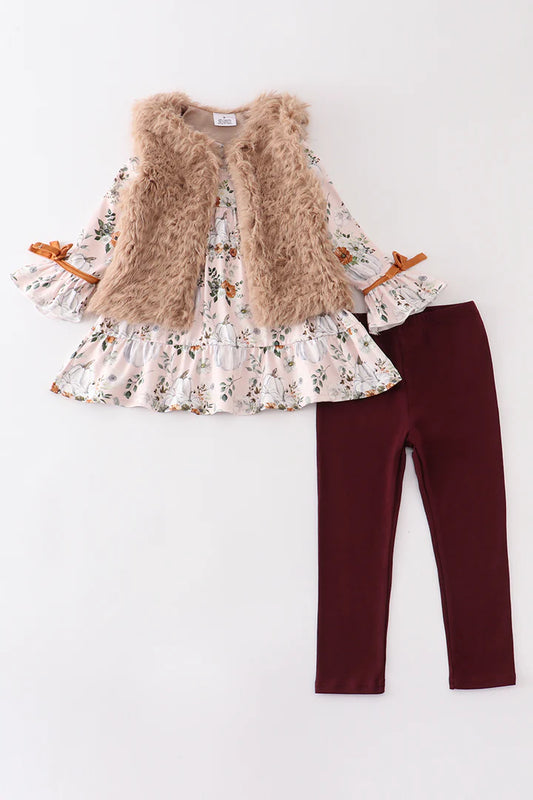 Pumpkin floral fur vest pant set