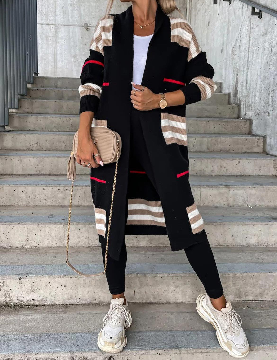 Striped long-line knitted cardigan