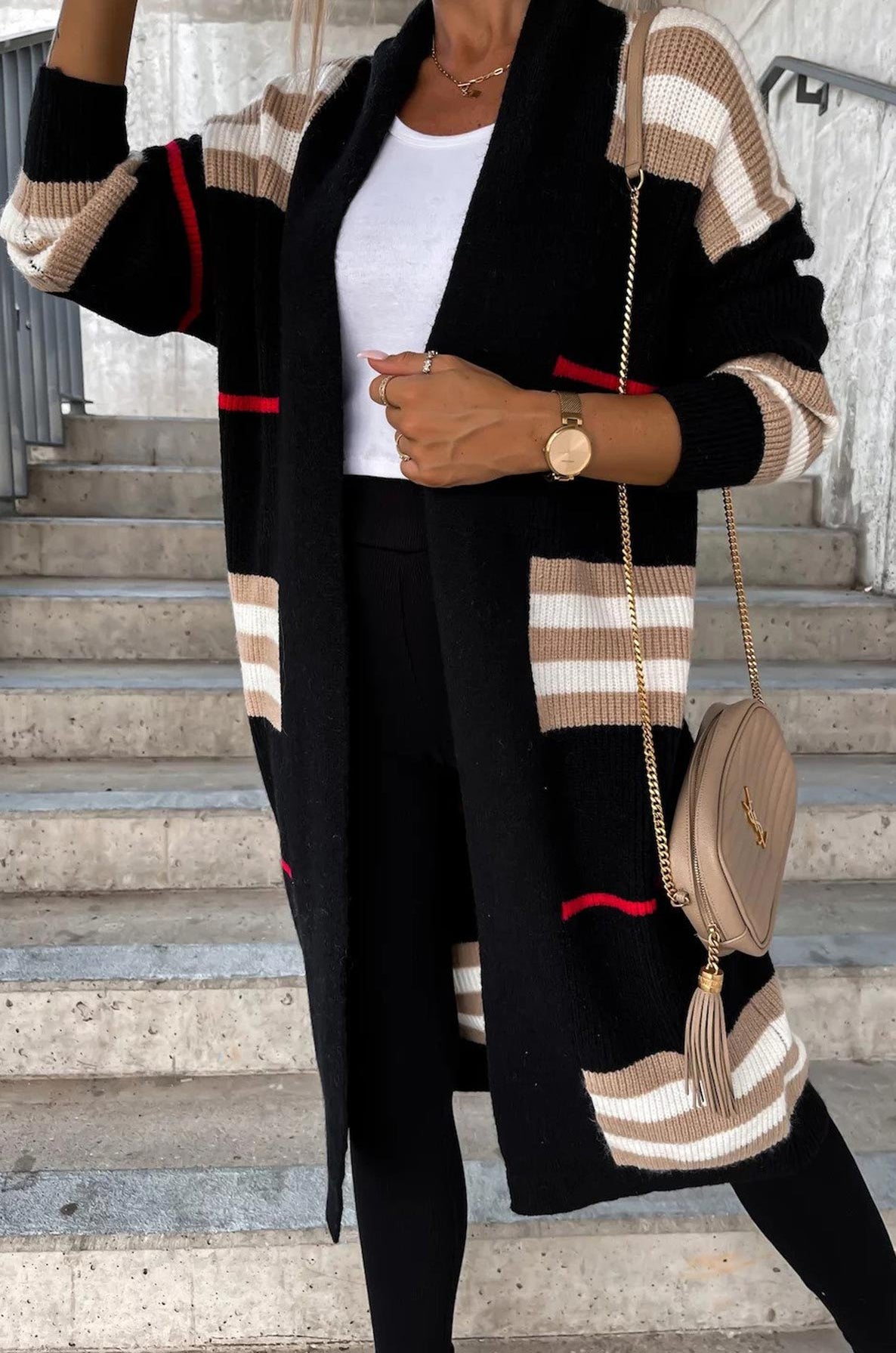 Striped long-line knitted cardigan