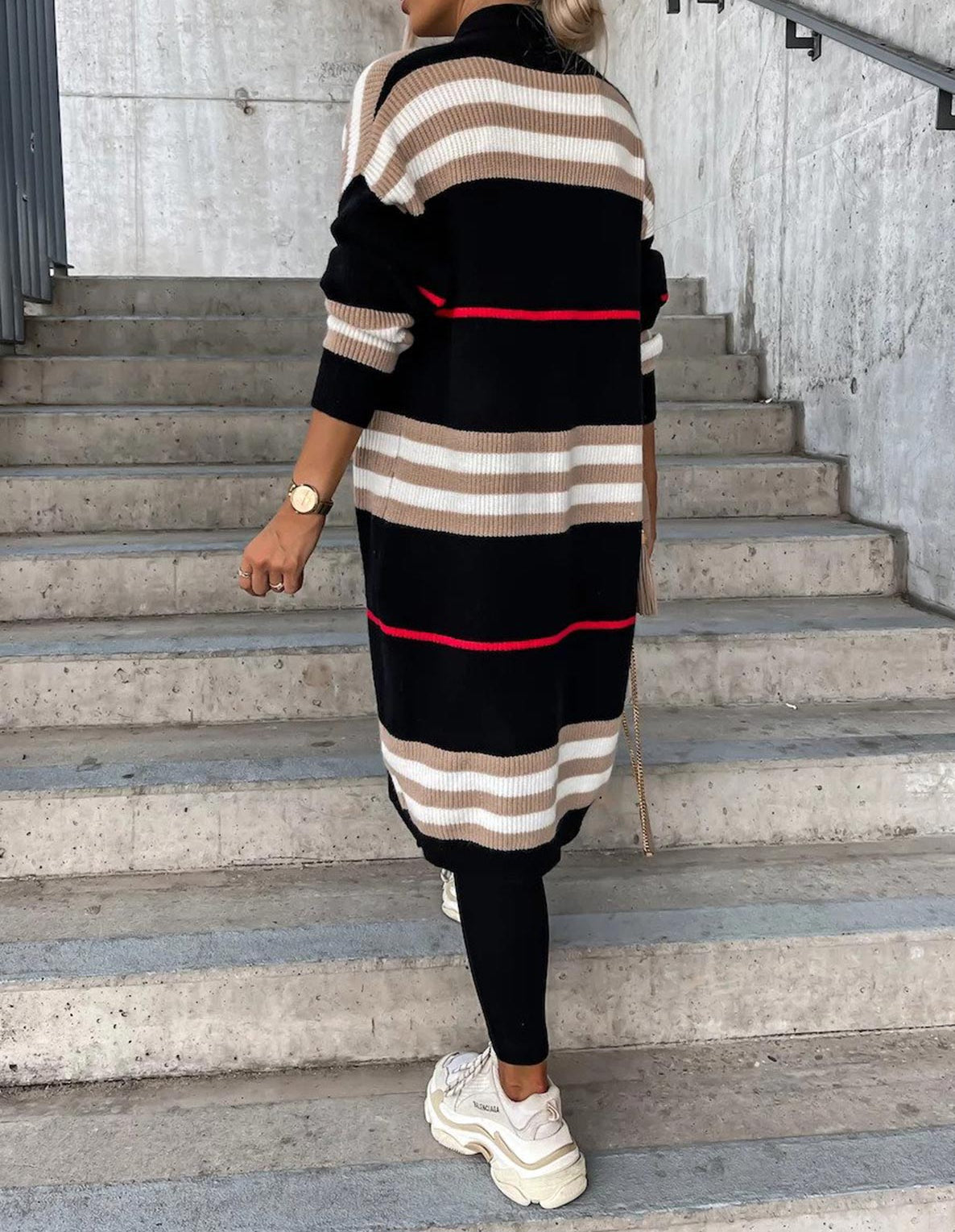 Striped long-line knitted cardigan