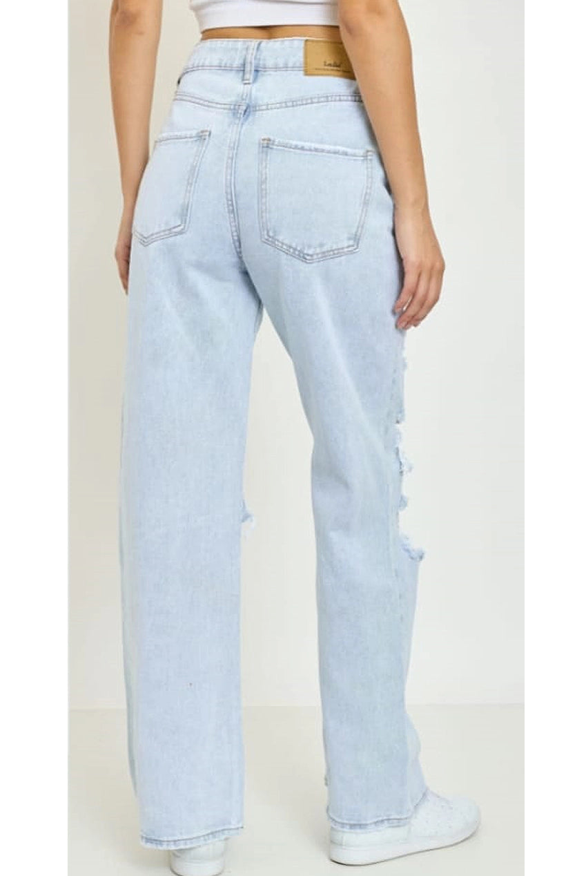 Blue Denim Ripped Wide Leg Jeans
