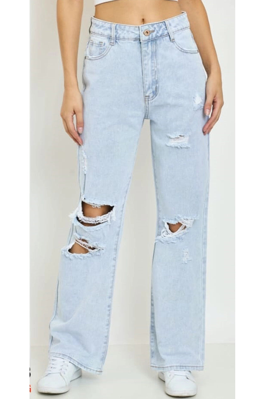 Blue Denim Ripped Wide Leg Jeans