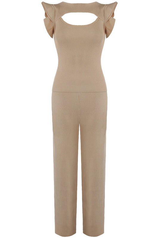 Cut Out Frill Ribbed Fine Knit Set