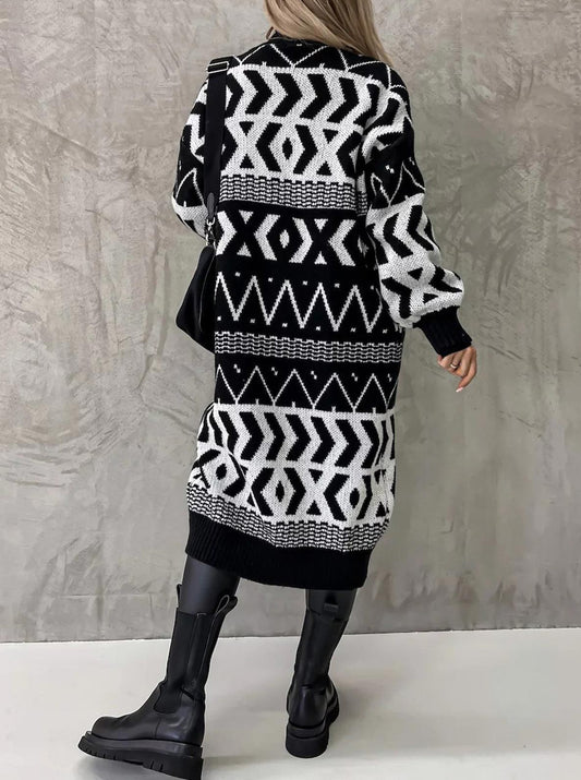Aztec Print Long-line Knitted Cardigan