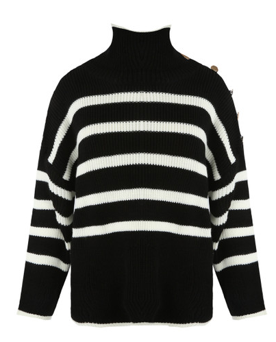 Button Shoulder Striped Roll Neck Jumper