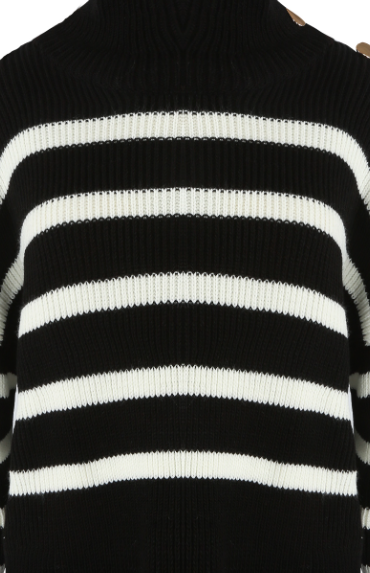 Button Shoulder Striped Roll Neck Jumper