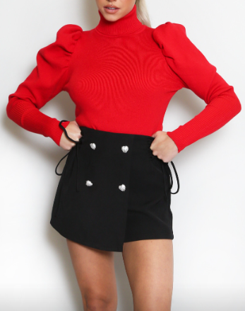 High Neck Puff Sleeve Ribbed Jumper