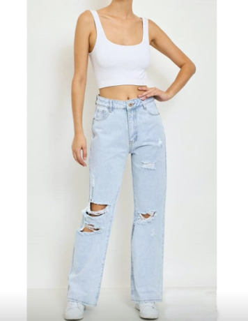 Blue Denim Ripped Wide Leg Jeans